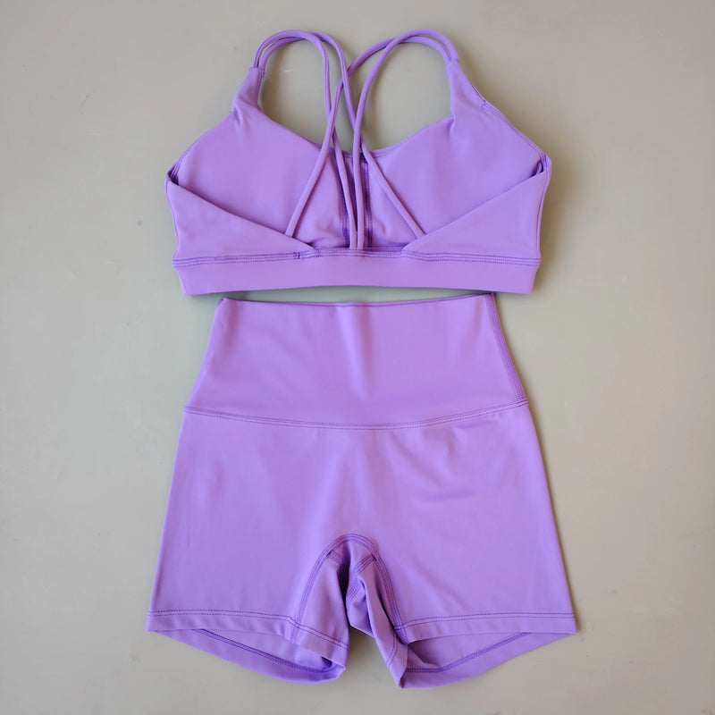 Women Gym Suit Yoga Clothes Shorts Leggings+ Bra 2-Piece Set Running Exercise Fitness Sportswear High Waist Cross Beautiful Back