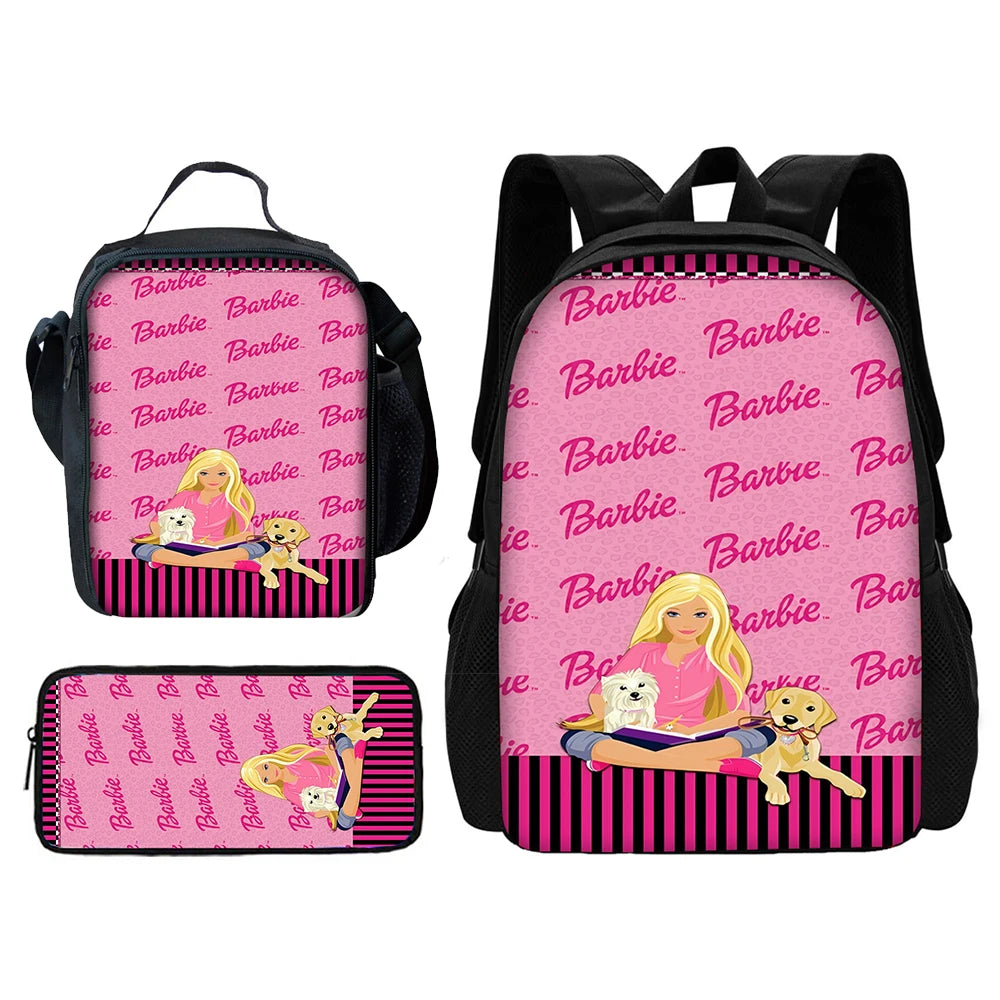 Cartoon Dolls 3 pcs set Child School Backpack with Lunch Bags Pencil Bags B-Barbies School Bags for Boys Girls Best Gift