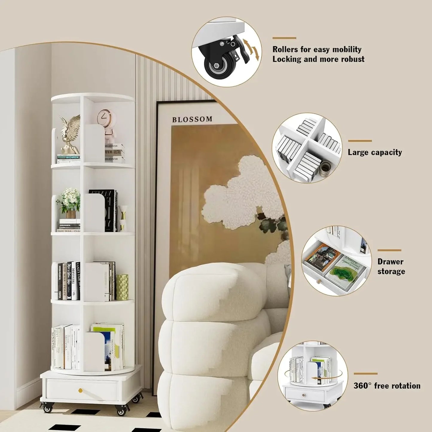 Wooden 4-layer Corner Bookshelf Can Rotating Movable Bookshelf With Single Drawer/Wheels/Storage Shelf For Study/Bedroom/Home