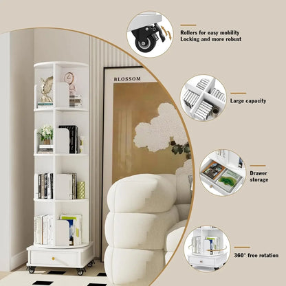 Wooden 4-layer Corner Bookshelf Can Rotating Movable Bookshelf With Single Drawer/Wheels/Storage Shelf For Study/Bedroom/Home