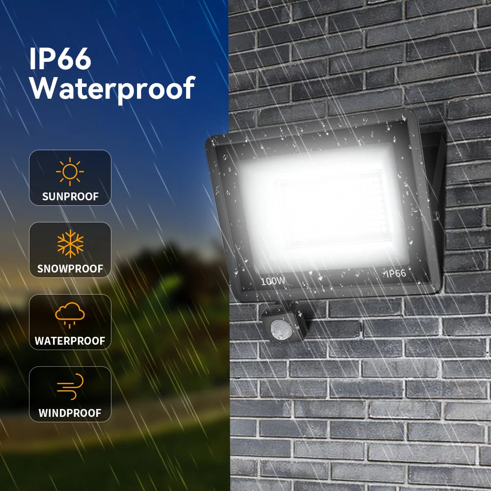 Holofote led com sensor de movimento pir, luz de parede externa, luz branca, 100w 50w 30w 20w 10w ip66, à prova d'água, holofote led para jardim