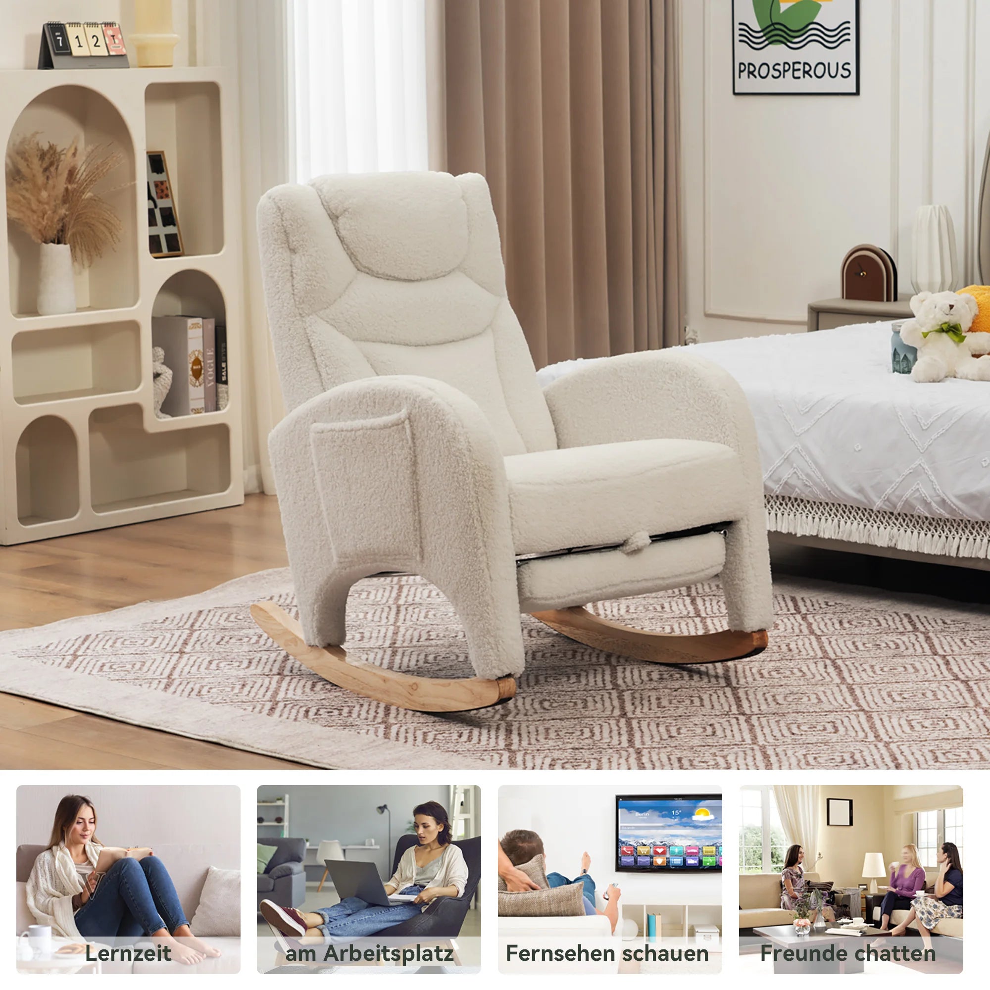 Anajqaqia Rocking Chair, Recliner, Living Room Chair with Armrests, Upholstered, Accent Chair for Bedroom, White Teddy Fabric