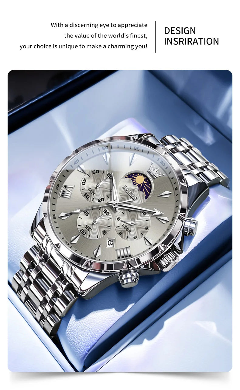 OLEVS 3653 Mens Watch Quartz Watch Multifunctional Chronograph Watch For Men 30M Waterproof Luminous Moon Phase Box Original