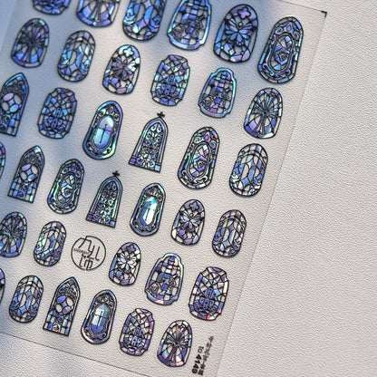 Flash Dreamy Chinese Flower Window Butterfly Glazed Rococo Geometric Frame Stamp Embossed Relief Nail Art Sticker Manicure Decal