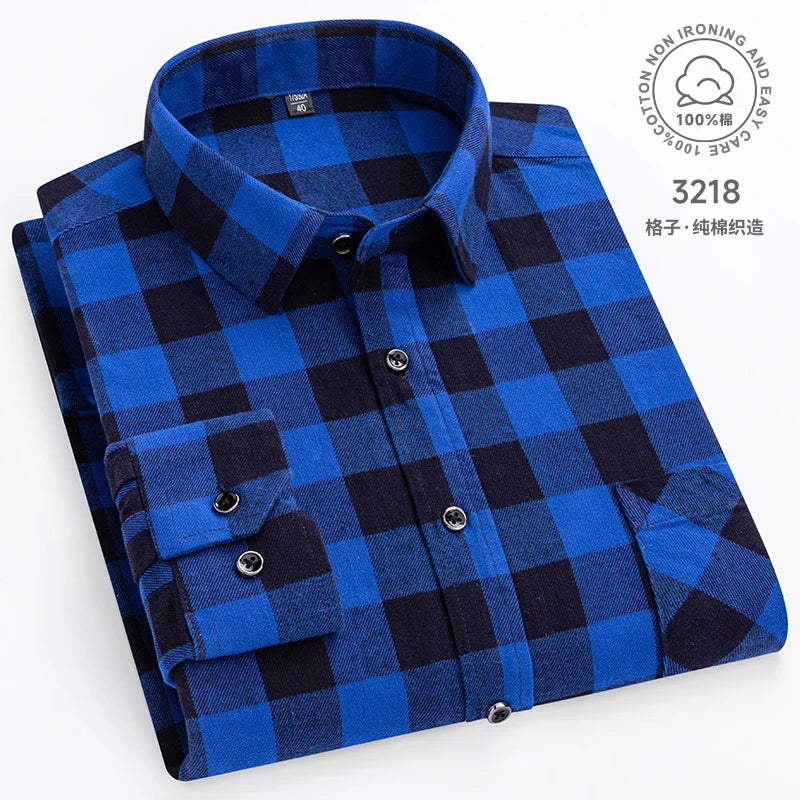 Men Fashion Long Sleeve Brushed Flannel Shirt Single Pocket Comfortable 100% Cotton Casual Slim Fit Button-down Plaid Shirts 8XL