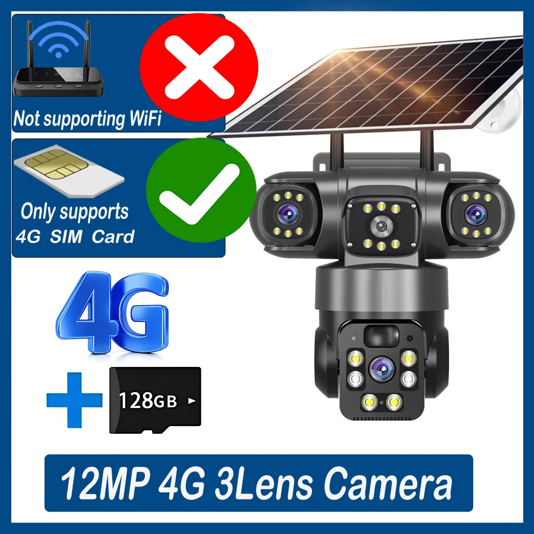 12MP 6K 3 Lens 3 Screen 4G Outdoor Solar Camera Wireless WiFi IP Cameras PIR Auto Tracking Solar Security CCTV Surveillance Cam