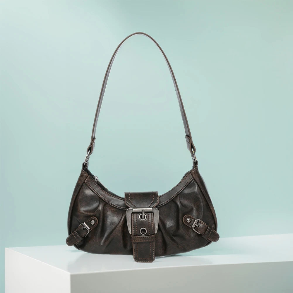 Women's Pleated Hobo Red Shoulder Bag Vintage Leather Spicy Girl Y2K Armpit Bag Rivet Belt Trendy Saddle Bag Travel Commuter Bag