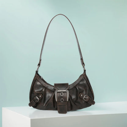 Women's Pleated Hobo Red Shoulder Bag Vintage Leather Spicy Girl Y2K Armpit Bag Rivet Belt Trendy Saddle Bag Travel Commuter Bag