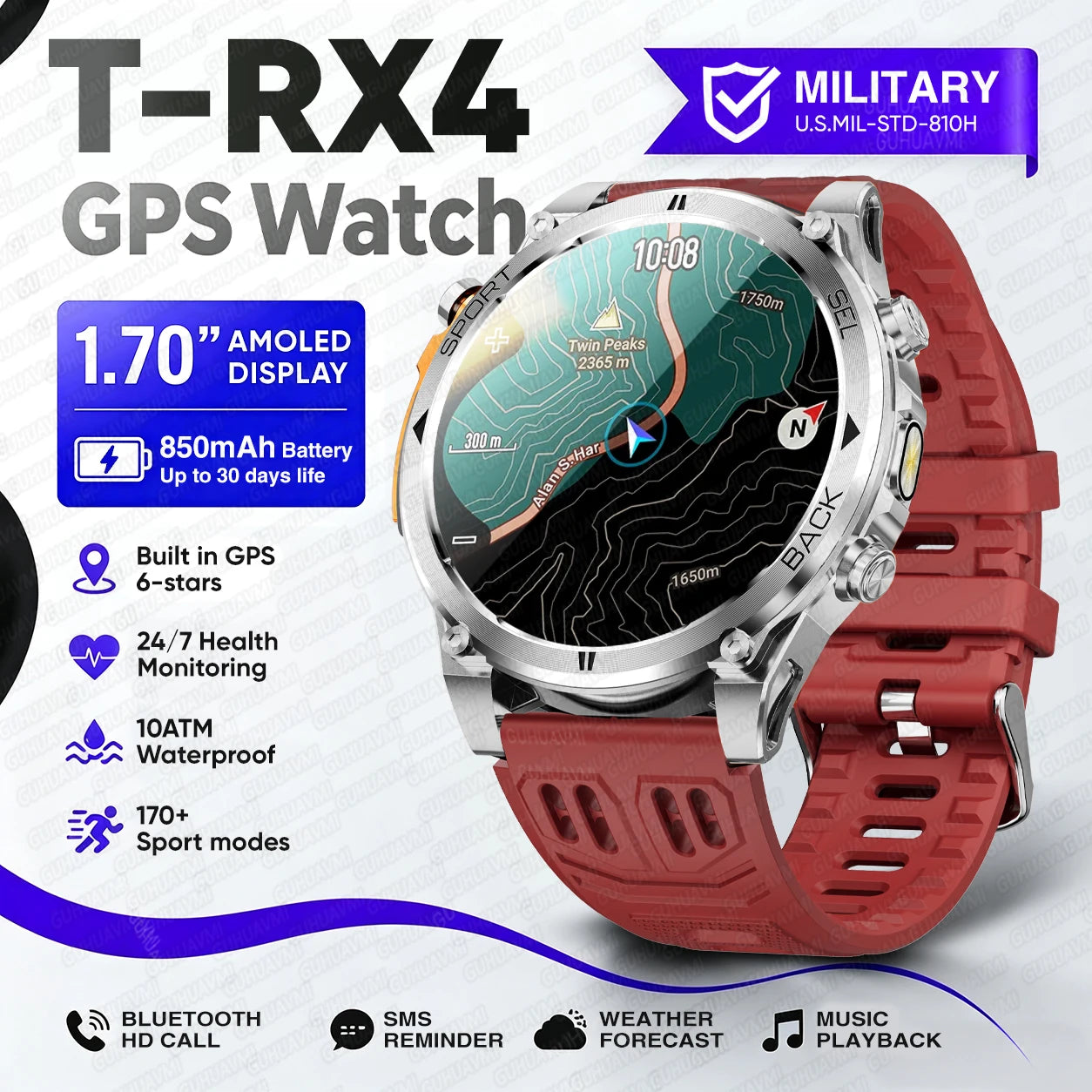 Novo Smartwatch Masculino T-RX4 Ultra GPS 2026 – Posicionamento GPS de 6 satélites, resistência à água 10ATM, bateria de 850mAh, bússola e mais de 170 modos esportivos.