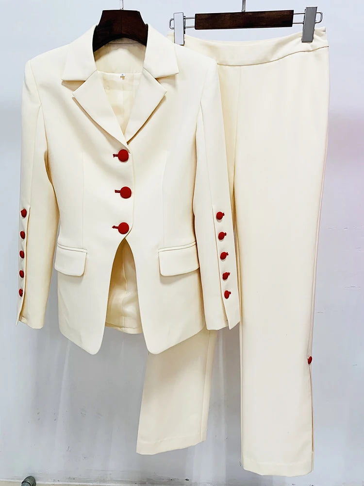Conjunto de traje de pasarela de diseñador de moda de HIGH STREET 2024 para mujer, elegante blazer con botones de color y pantalones con abertura.