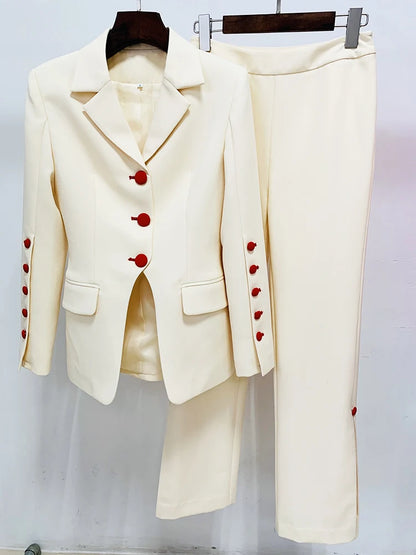 Conjunto de traje de pasarela de diseñador de moda de HIGH STREET 2024 para mujer, elegante blazer con botones de color y pantalones con abertura.