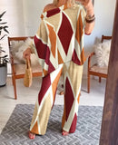 Summer British Style Women's Casual 2-Piece Abstract Print Cold Shoulder Bat Sleeve Top and Casual Wide Leg Pants Set