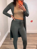 Two Piece Sets Womens Outfits Plain Ribbed Long Sleeve Open Front Coat &amp; Casual Daily Drawstring Pants Set 2021 New