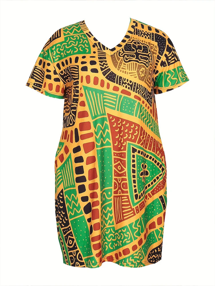Plus size africano impresso decote em v manga curta vestido casual oversized t camisa vestidos de manga curta melhor para o verão