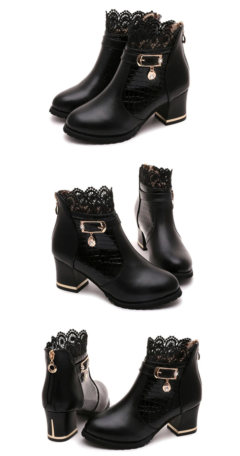 2025 Round Toe Women Fashion Crystal Belt Buckle Boots 6CM Square High Heels Shoes Sexy Leopard Lace Ankle Boots Woman Red Black