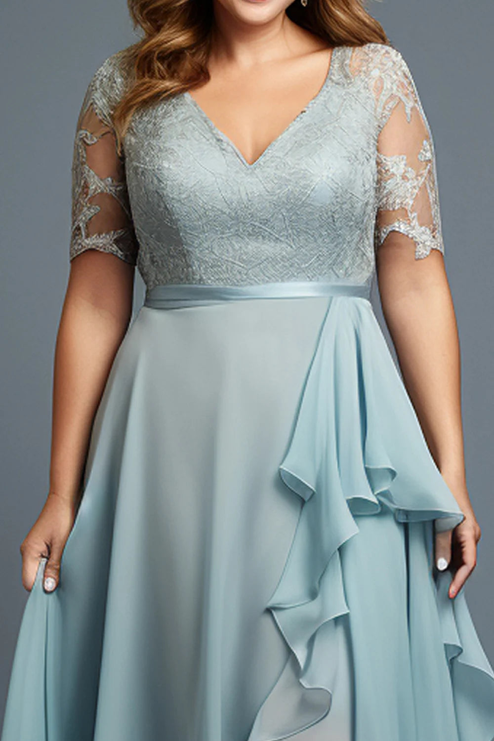 Vestido largo Flycurvy de talla grande para invitada de boda, de gasa azul claro, con encaje y dobladillo alto y bajo escalonado 