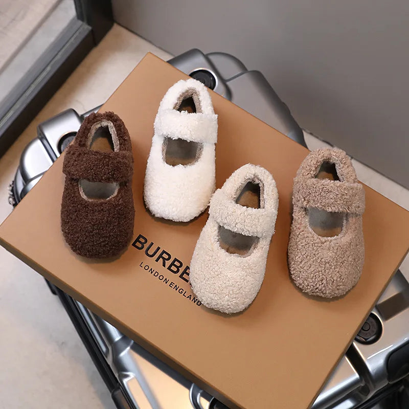 Children Fur Shoes 2025 Winter Kids Warm Plush Shoes For Girl Flat Loafers Moccasins Girls Casual Shoes Khaki, Beige