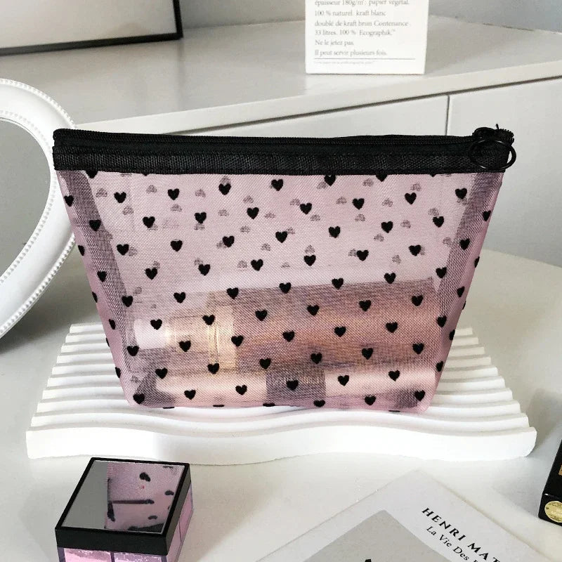 Heart-Shaped Nylon Mesh Cosmetic Bag Portable Toiletry Organizer for Women Makeup Storage