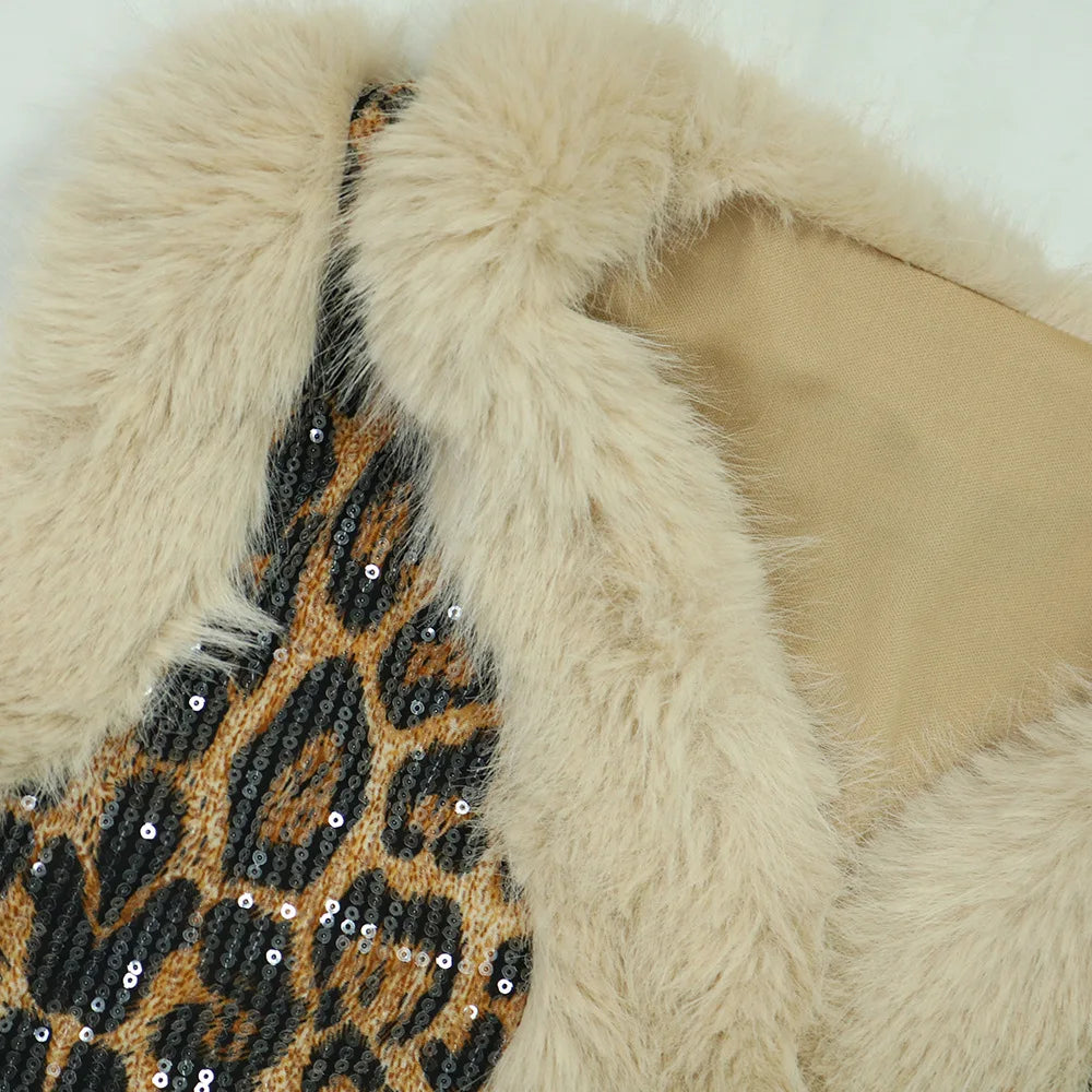CM.YAYA Conjunto de mujer sin mangas de piel de leopardo con lentejuelas, cuello en V, chaleco de lana y pantalón, conjunto de 2 piezas Street Two 2024, chándal