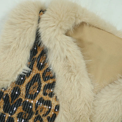 CM.YAYA Conjunto de mujer sin mangas de piel de leopardo con lentejuelas, cuello en V, chaleco de lana y pantalón, conjunto de 2 piezas Street Two 2024, chándal