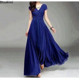 2026 Women's V Neck Short Sleeve Evening Party Dress Temperament Solid Colour Long Cocktail Chiffon High Waist Summer Dresses