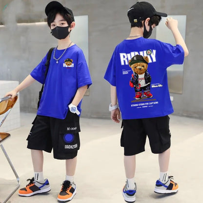 2025 Children's Clothing American Vintage Bear Print Graphic T Shirts Boys Summer Cotton Short-sleeved T-shirt Tops Streetwear