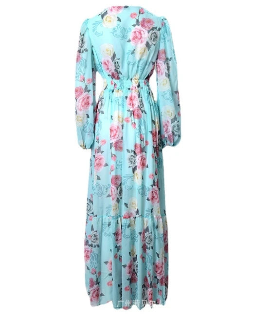 Maxi Dress for Women V-Neck Sleeveless Floral Printed Lantern Sleeve Large Swing Skirt High Waist Loose Dresses 2024 Summer New
