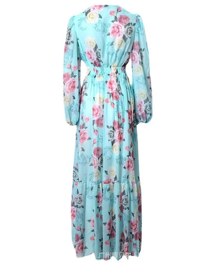 Maxi Dress for Women V-Neck Sleeveless Floral Printed Lantern Sleeve Large Swing Skirt High Waist Loose Dresses 2024 Summer New