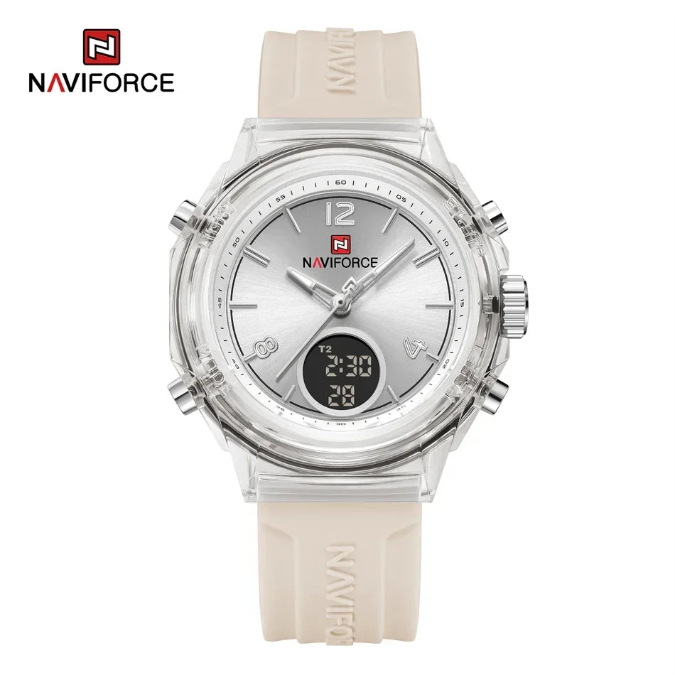 Relojes NAVIFORCE para mujer, nuevo diseño, esfera pequeña, deportivos, para mujer, resistente al agua hasta 5 ATM, reloj de pulsera de cuarzo con pantalla LCD digital, reloj para mujer