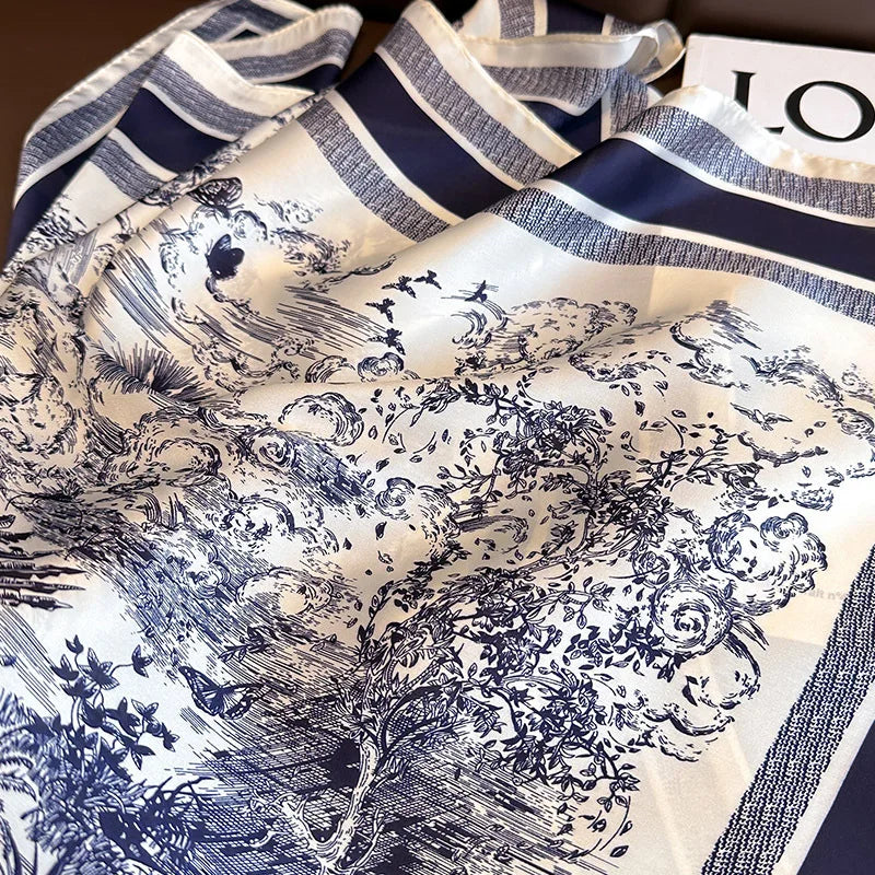 Pañuelo cuadrado de seda con estampado floral de lujo para mujer, pañuelo de satén suave, banda para el pelo, pañuelo para la cabeza, hijab, diadema para mujer, fular, cinta para bolso