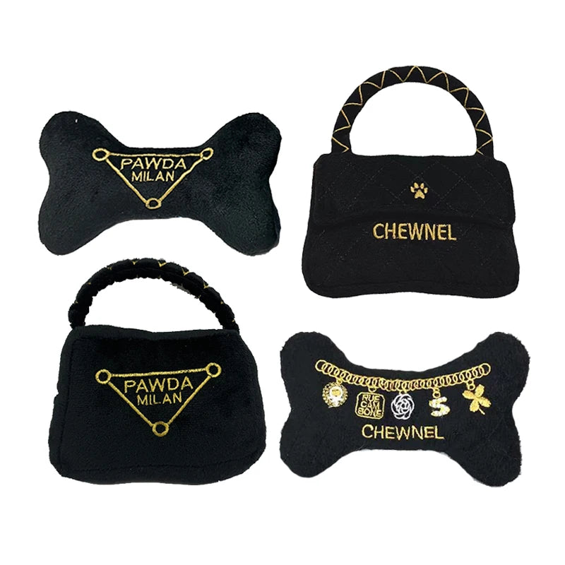 Juguetes negros de lujo para perros, regalos de cumpleaños para mascotas, accesorio para masticar cachorros, bolso, hueso, juguetes chirriantes para cachorros.