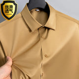 Summer shirt, men's white glossy non ironing shirt, men's wrinkle resistant ice silk casual high-end seamless business shirt