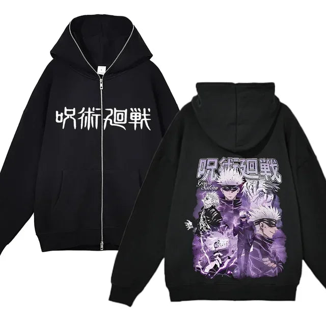 Chaquetas con cremallera de Anime Gojo Satoru, sudadera con capucha de forro polar fino, sudaderas con cremallera Y2K, Jujutsu Kaisen 
