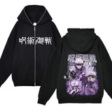 Chaquetas con cremallera de Anime Gojo Satoru, sudadera con capucha de forro polar fino, sudaderas con cremallera Y2K, Jujutsu Kaisen 