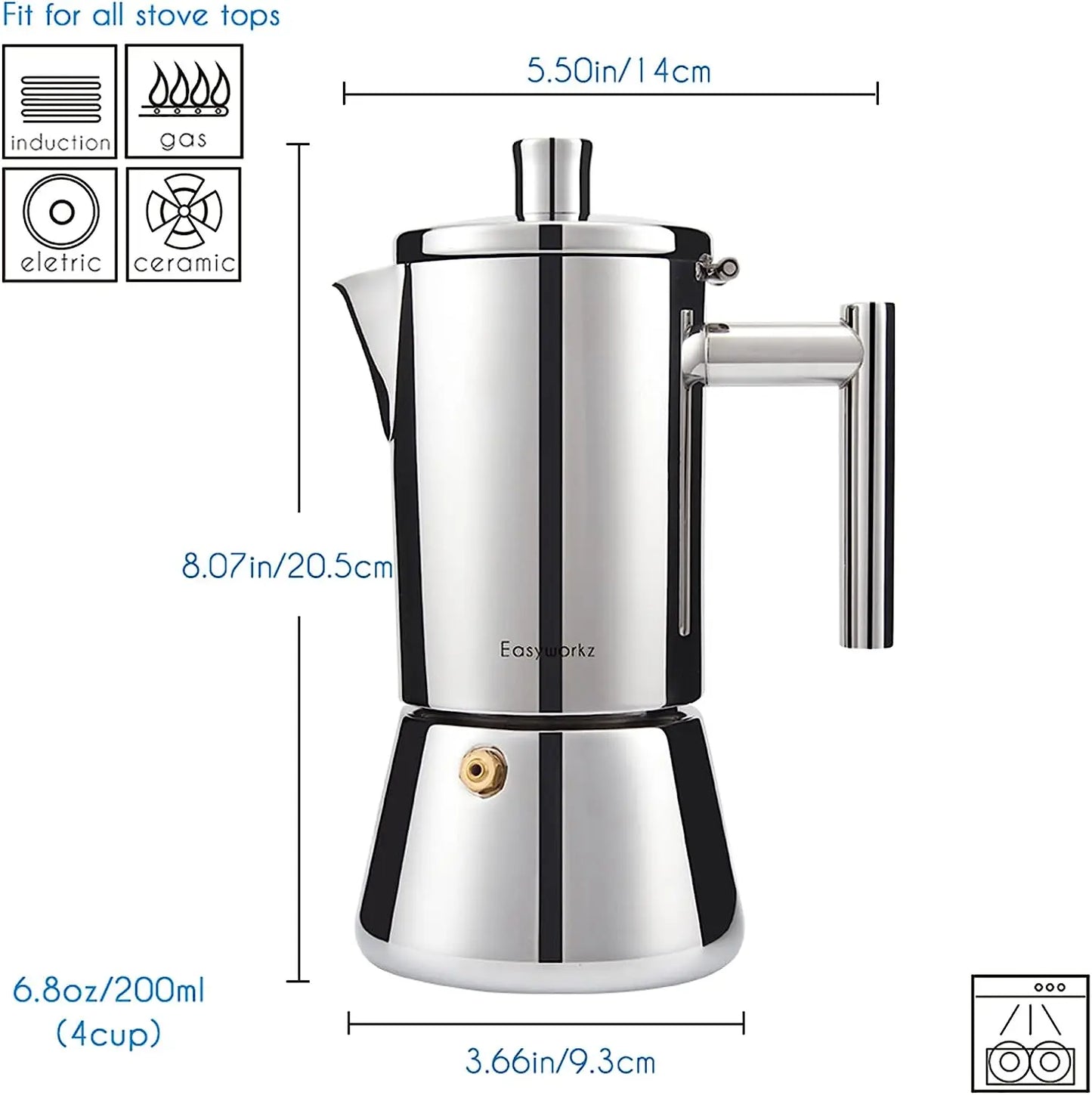 Cafetera italiana Easyworkz Diego para estufa, de acero inoxidable, para 4 tazas, 6.8 oz, de inducción