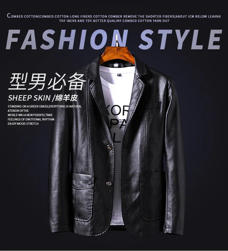 2024 Men's Leather Jackets Lapel Business Leather Jackets Men Pu Blazers Korean Style Slim Fashion Leather Coat Plus Size M-6XL