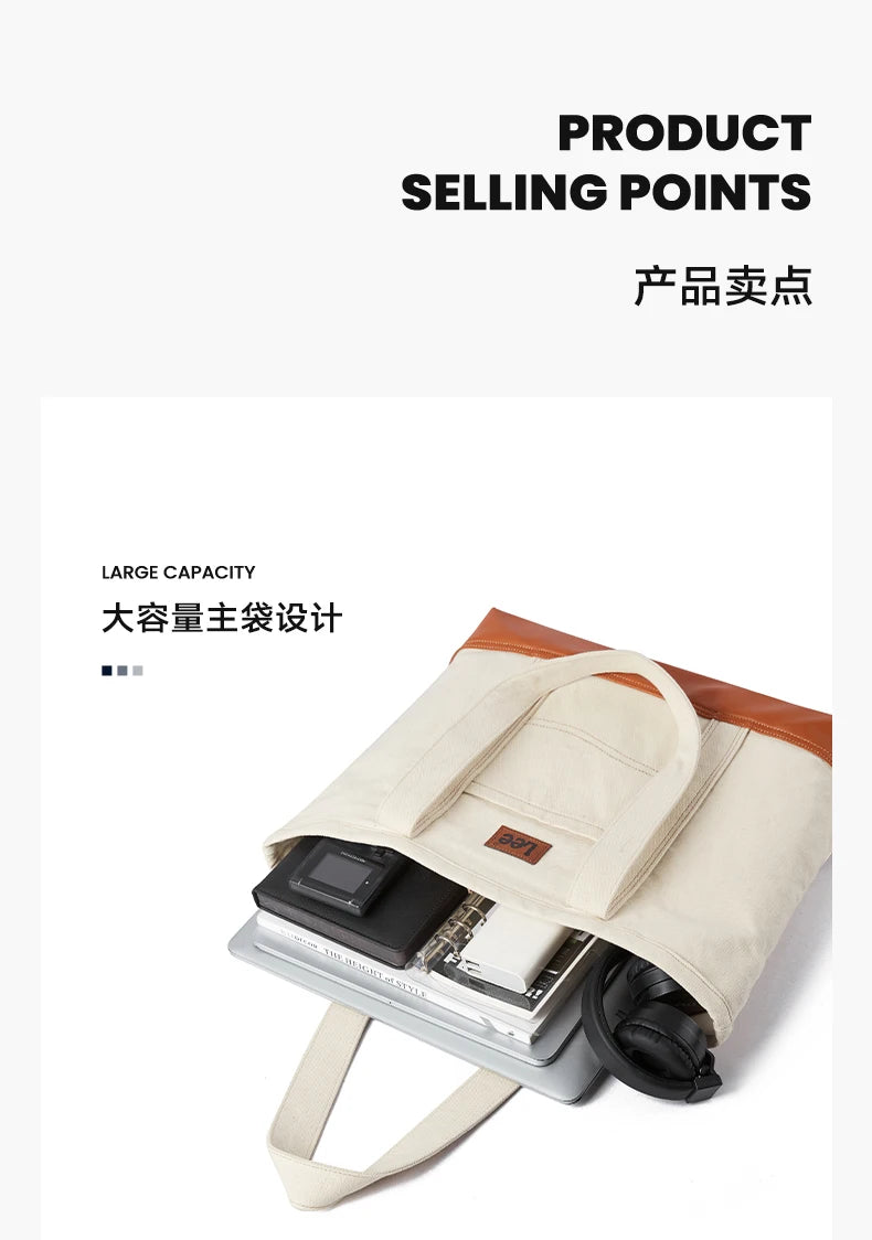 LEE Unisex Utility Canvas Leather Zipper Tote Bag Casual Denim Daily Shopping Handbag Women Men Durable Student School Book Bag