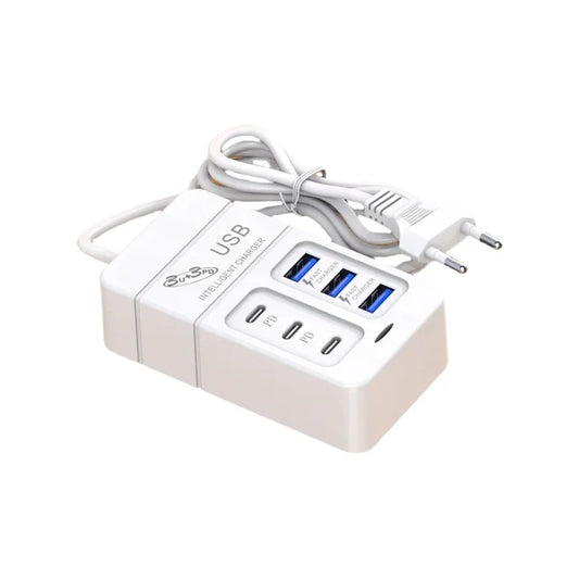 Adaptador Multifunções Carregador de Energia, Carregamento Rápido, 3 USB Tipo C, Desktop, Casa, Escritório, Escola, Viagem, Quarto, 35W, 6 Portas