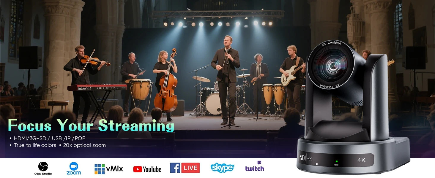 4K/1080P SDI NDI PTZ Camera 10X/20X Optical Zoom, HDMI/USB/POE | IP Live Streaming Camera for Church/Meeting/Broadcast (Youtube)