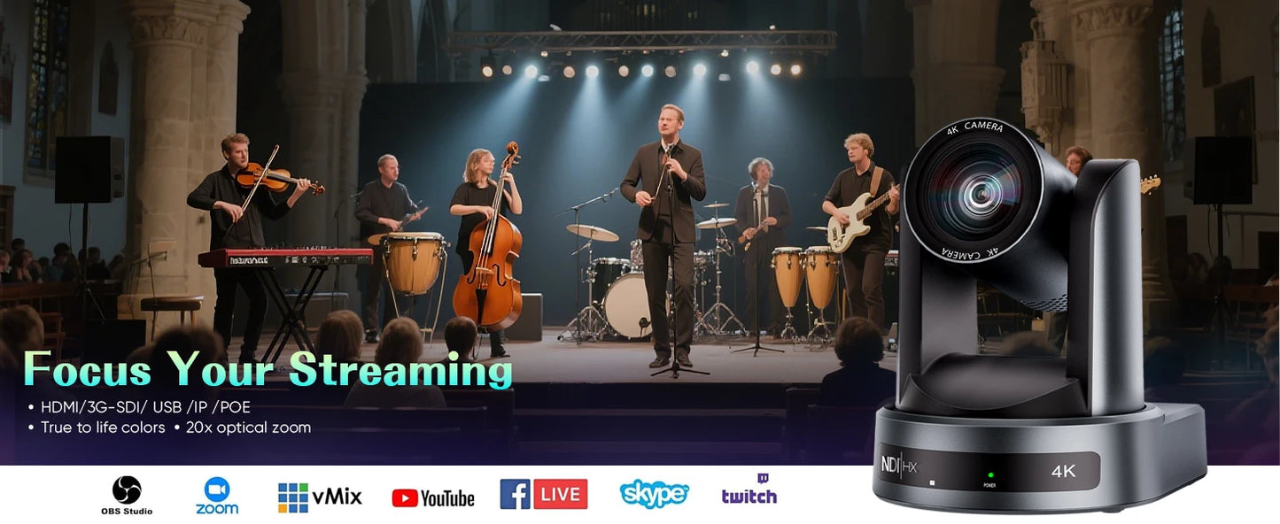 4K/1080P SDI NDI PTZ Camera 10X/20X Optical Zoom, HDMI/USB/POE | IP Live Streaming Camera for Church/Meeting/Broadcast (Youtube)