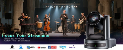 4K/1080P SDI NDI PTZ Camera 10X/20X Optical Zoom, HDMI/USB/POE | IP Live Streaming Camera for Church/Meeting/Broadcast (Youtube)