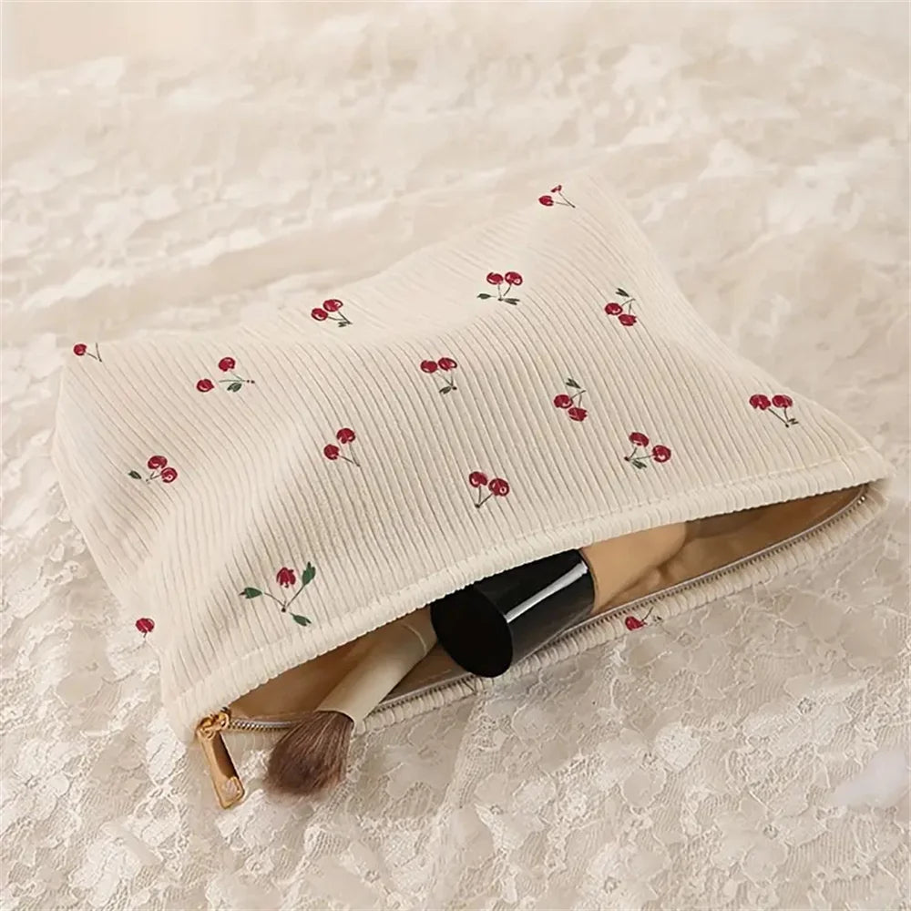 Portable Makeup Bag Winter Cute Cherry Makeup Bag Corduroy Cosmetic Bag Corduroy For Everyday Use Makeup Travel