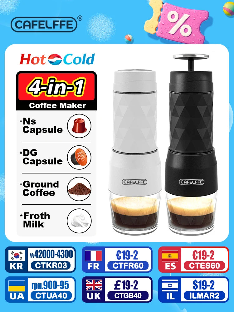 Cafelffe 3 In1 Portable Coffee Machine Hot/Cold Water Manual Espresso Maker For Capsule & Ground Hand Press Brewer hiking Travel