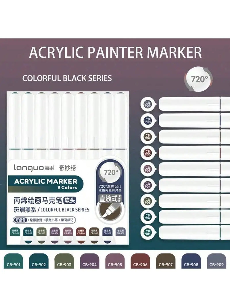 Languo 9pcs/box Soft Brush Acrylic Marker Pen Set，DIY Hand Drawn,Paint Art Markers pens,Student Graffiti Acrylic Paint Pens,M720