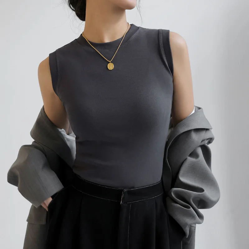 Camisola de algodón para mujer, cuello redondo, colorida, básica, sin mangas, con cobertura para escote lateral, C4878