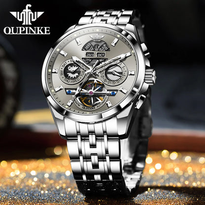 OUPINKE 3251 Skeleton Flywheel Automatic Watch for Men Stainless Steel Waterproof Wristwatch Luxury Sapphire Mirror Men's Watch