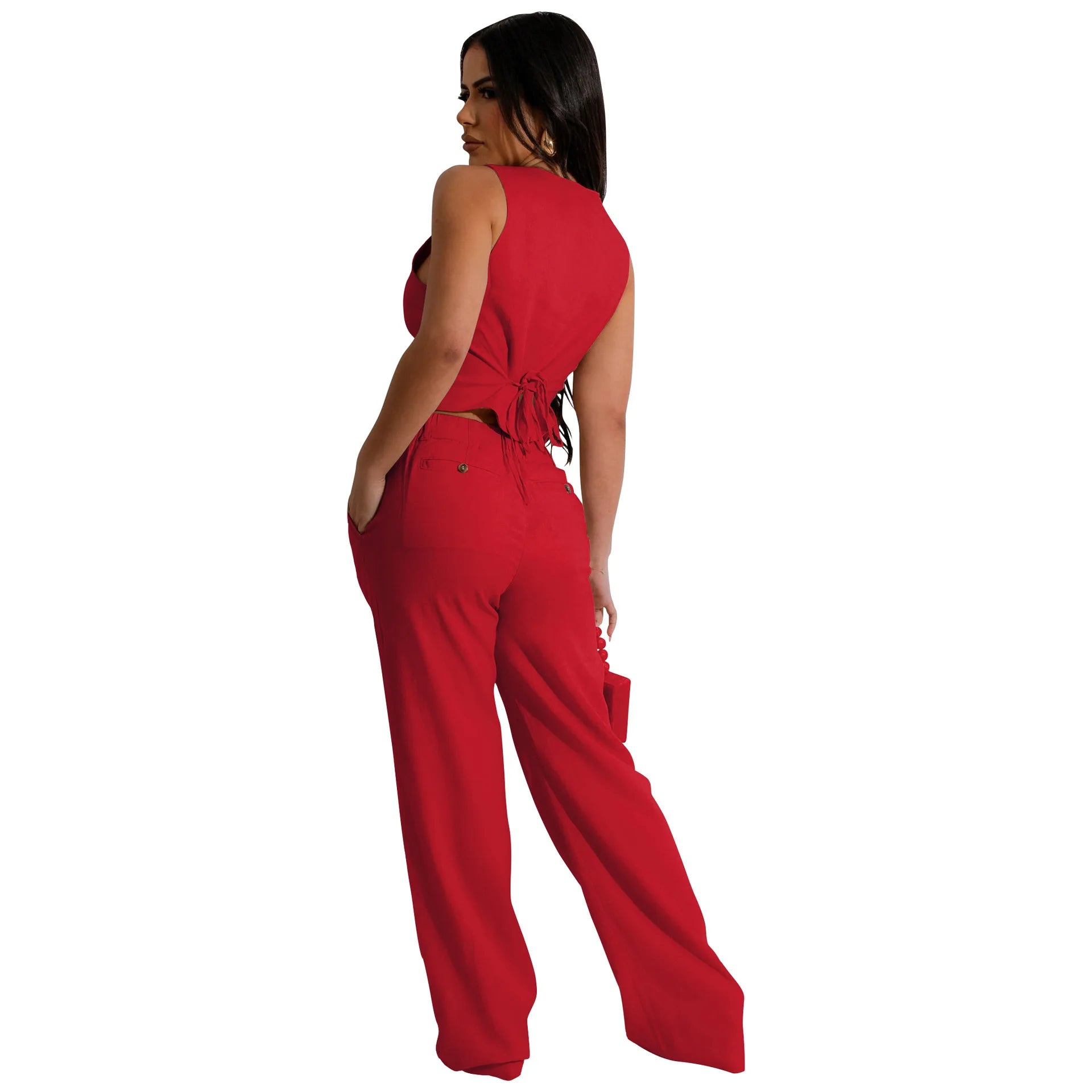 Fashion Sleeveless Vest Pants Women's Solid Color Suit Spring Summer V-Neck Ultra Short Top + Slim Pants Female Office 2 Piece Set