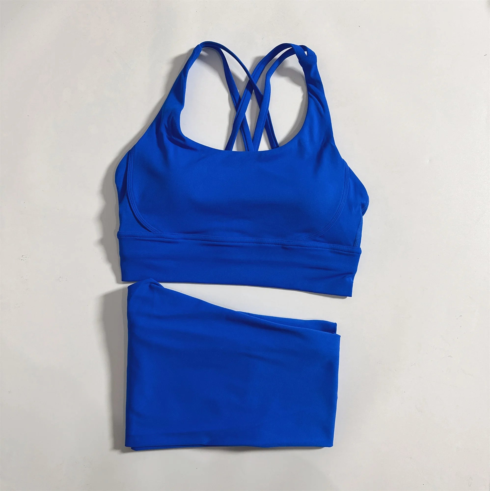 Conjunto de fitness para gimnasio de color sólido, sujetador deportivo cruzado suave y ajustado, 2 piezas de compresión, leggings de yoga de cintura alta, traje de entrenamiento integral para correr