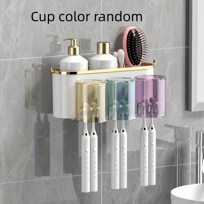 Toothbrush Holder With Squeezer Perforation-free Bathroom Shelf Mouthwash Cup Toothbrush Holder