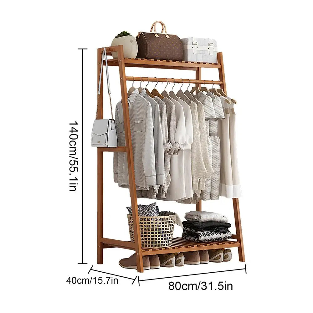 Wooden Garment Coat Clothes Hanging Heavy Duty Rack with top shelf and 2-tier Shoe Clothing Storage Organizer Shelves